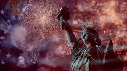 Statue of Liberty with fireworks and American flag in the foreground. Double exposure photograph