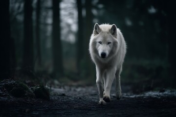 Obraz premium Elegant white wolf with vivid eyes in winter forest 