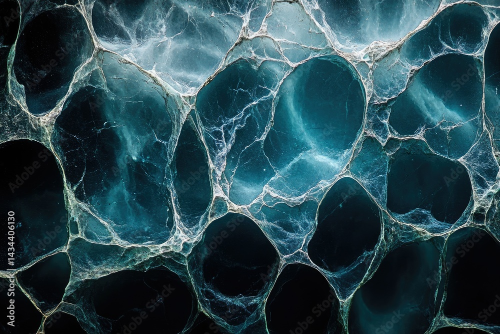 Poster Intricate web-like structure, teal and white, resembling a honeycomb or cellular pattern.