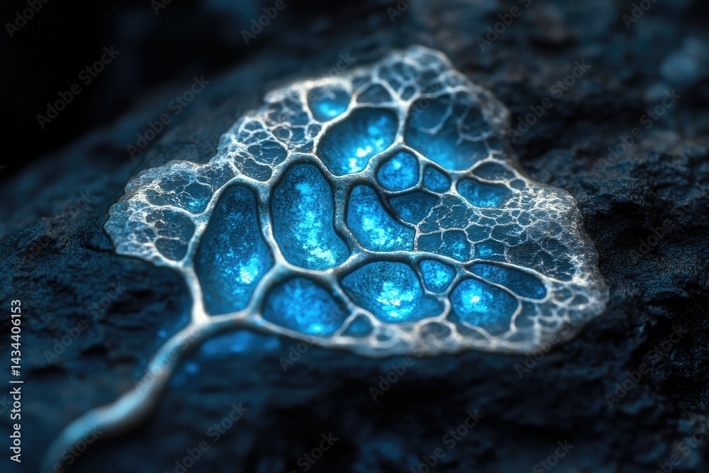 Aufkleber glowing bioluminescent leaf-like structure embedded in dark rock, intricate network of veins and cha
