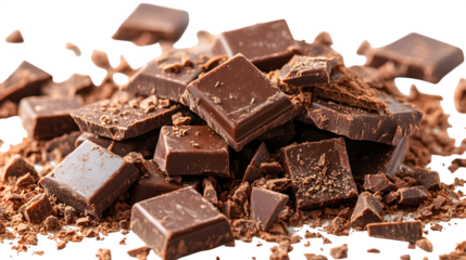 Milk chocolate bars broken into squares isolated on white background