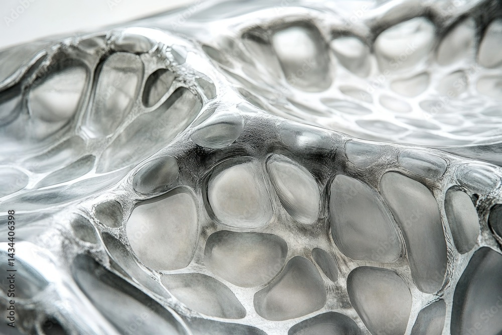 Leinwandbilder Abstract grayscale image of a textured surface resembling organic cellular structures or a flowing, metallic landscape.