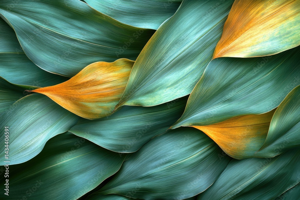 Poster close-up of overlapping teal and gold leaves, showcasing intricate textures and vibrant colors.