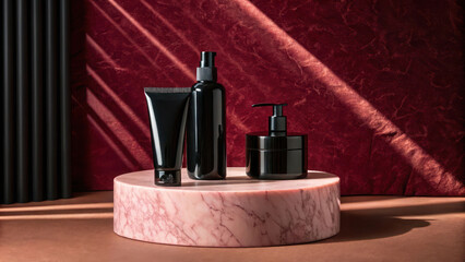 Aesthetic beauty products in black finish on pink-marble round stand, velvet dark red textured wall and warm beam.