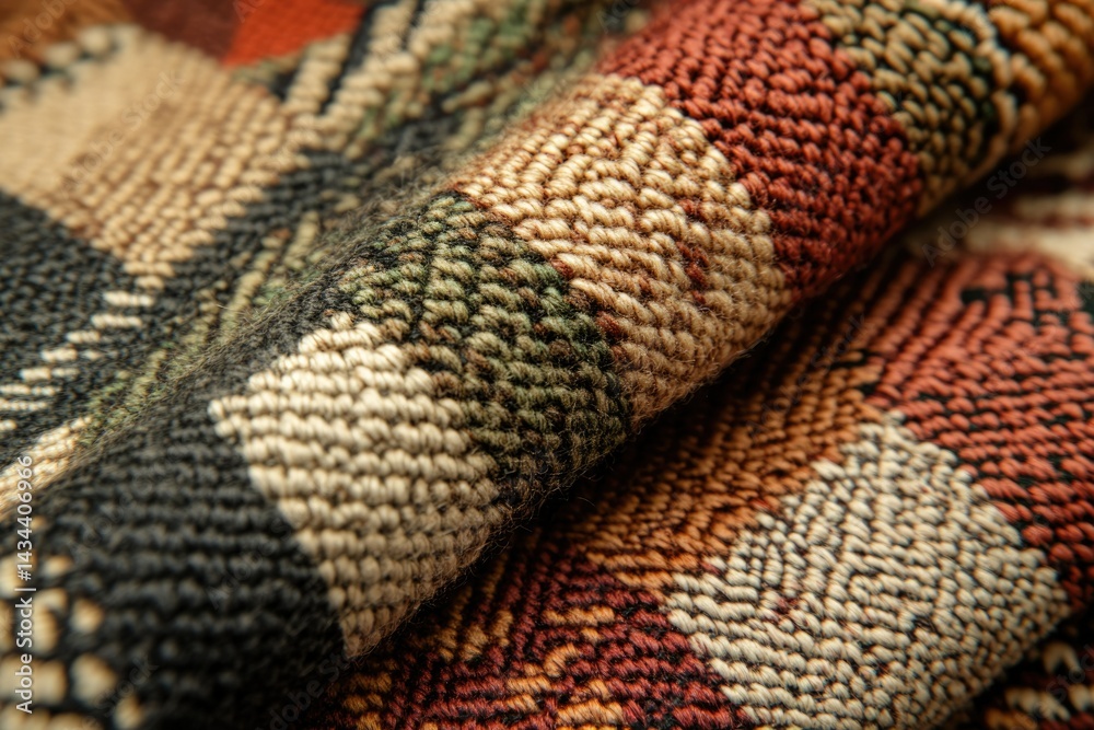 Aufkleber Close-up of a richly textured fabric with a multicolored plaid pattern, showcasing intricate weaving details.