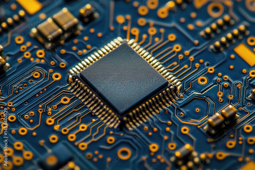 Leinwandbilder close-up of a microchip on a circuit board, showcasing intricate electronic components and pathways.