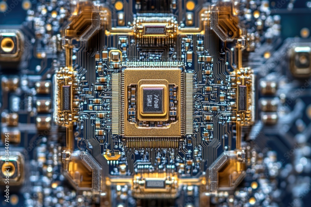 Aufkleber Close-up of a complex microchip circuit board showcasing intricate gold and blue circuitry.