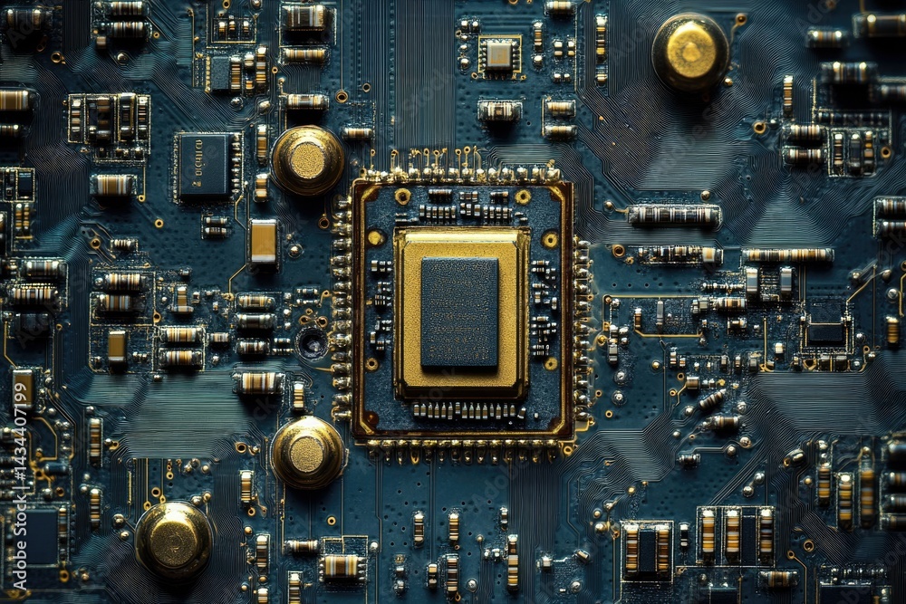 Fototapete close-up of a circuit board showcasing a central processor unit and intricate circuitry.