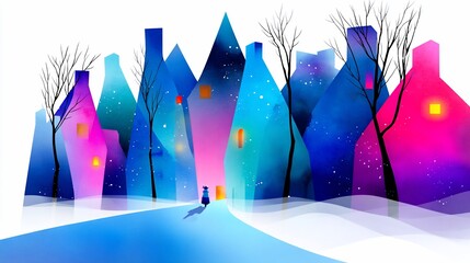 Obraz premium Whimsical winter scene of colorful homes, bare trees, a person walking, & snowy path
