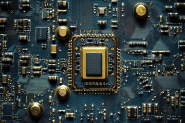 Close-up of a circuit board showcasing a central processor unit and intricate circuitry.