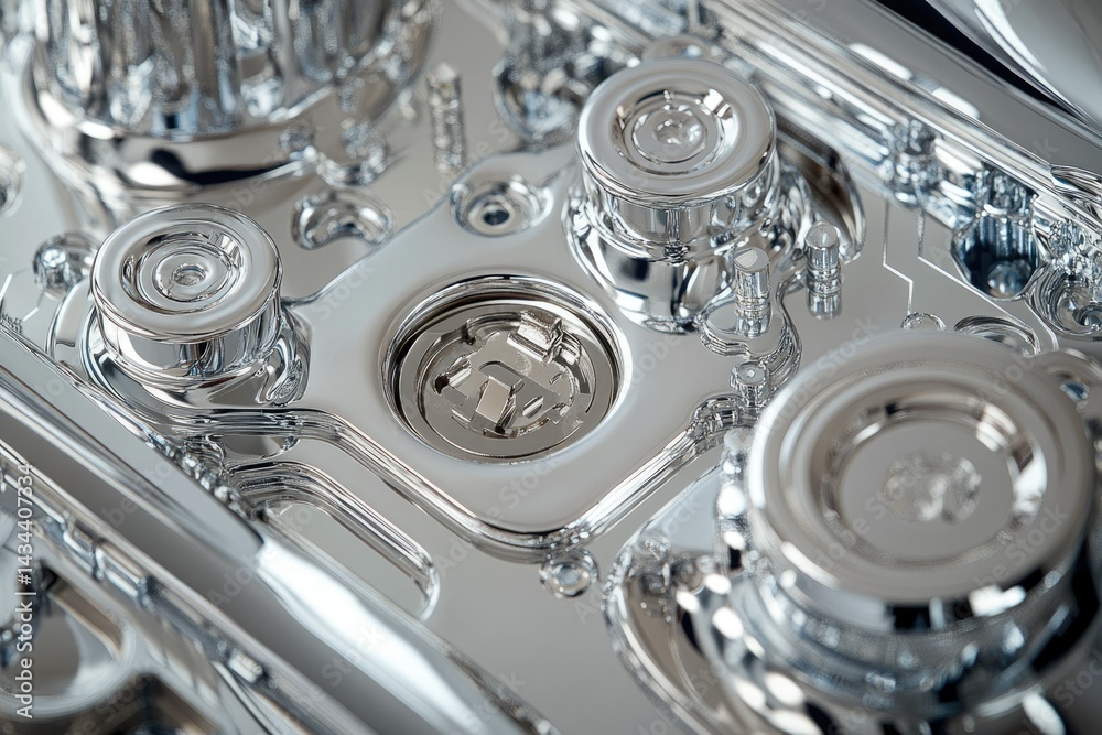 Poster A close-up view of a highly polished chrome engine block with intricate details, showcasing a central emblem.