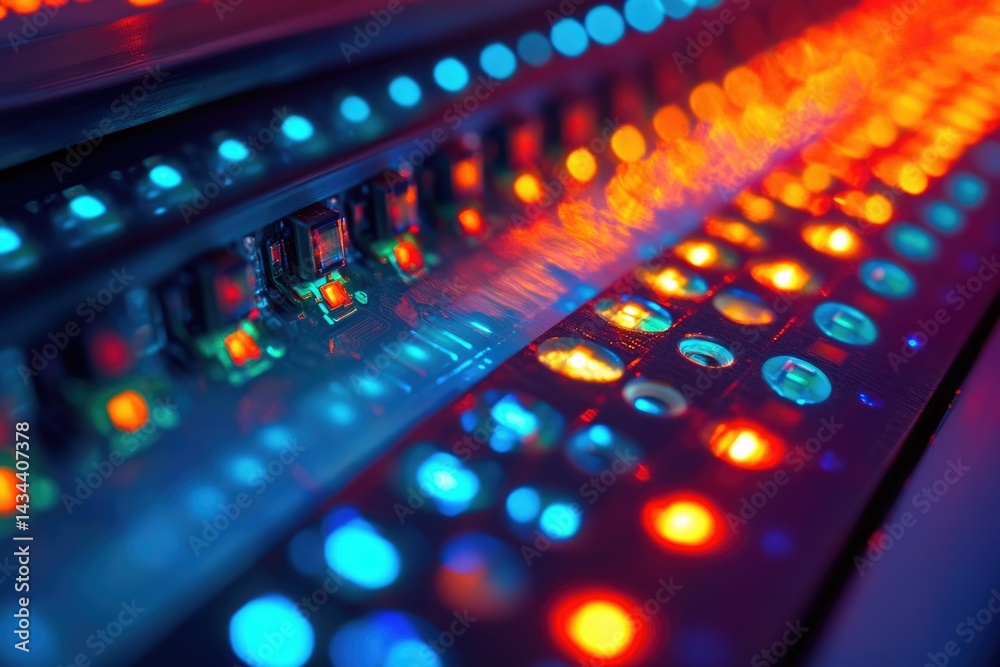 Poster Close-up of illuminated circuit board with LEDs, showcasing intricate electronic components and vibrant colors.