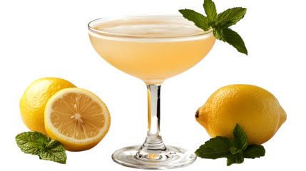 Mint and lemon cocktail in a clear glass, refreshing beverage, isolated on white background