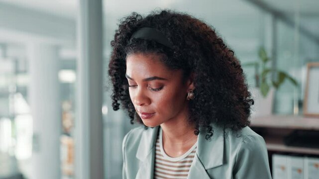 Business, computer and woman in office, planning and problem solving with research for article. Person, writer and journalist in workplace, pc and decision with editing, news report and proofreading