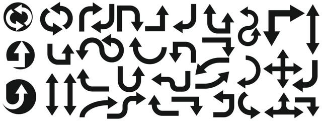 Set of black vector arrows in various directions and styles. Perfect for user interfaces, signs, zig zag , crossroads infographics, and design projects isolated on a white background.
