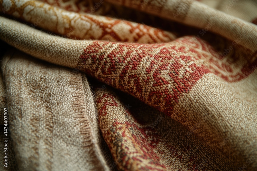 Aufkleber close-up of a textured woolen throw blanket with a beige and reddish-brown pattern.