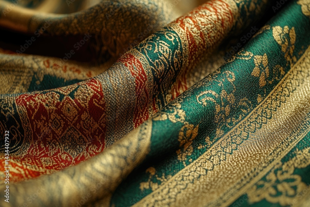 Poster luxurious green and gold patterned fabric with intricate details, showcasing rich texture and elegan
