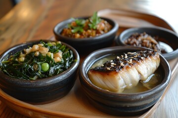One soup and three items miso marinated Spanish mackerel spicy mustard greens natto and eggplant salad