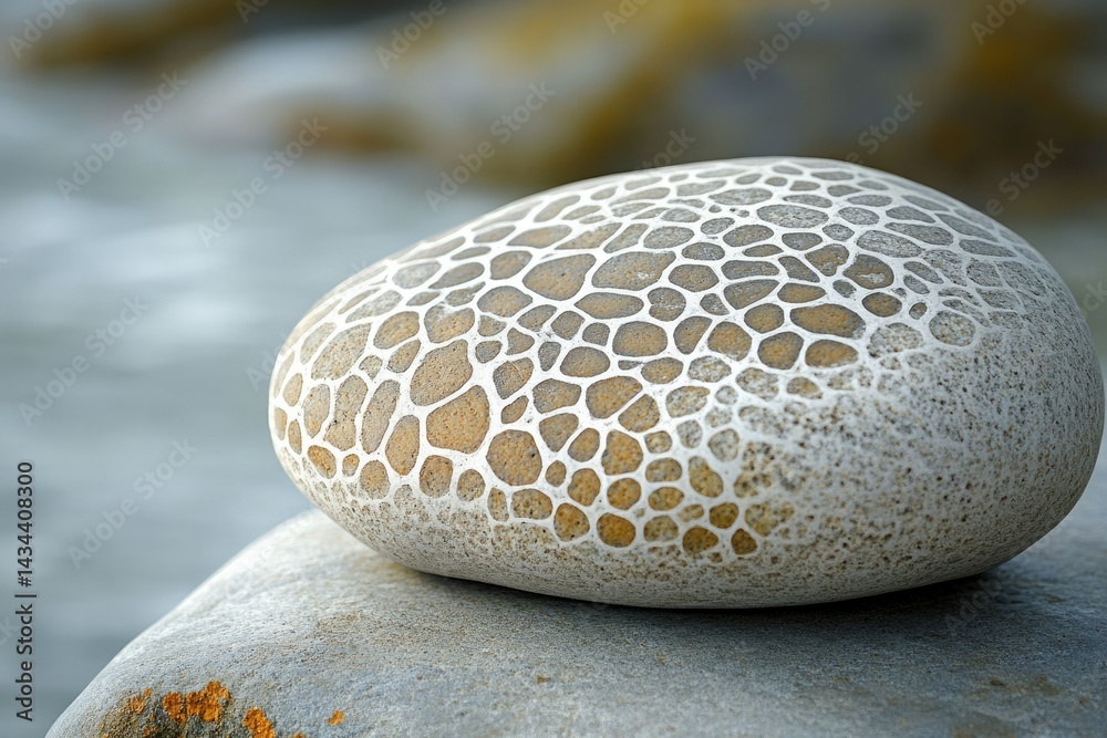 Poster a uniquely patterned stone rests on a larger rock, near a blurred stream.