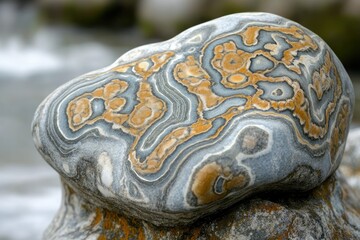 Intricate swirling patterns of grey, blue and orange hues adorn this unique, naturally formed stone.