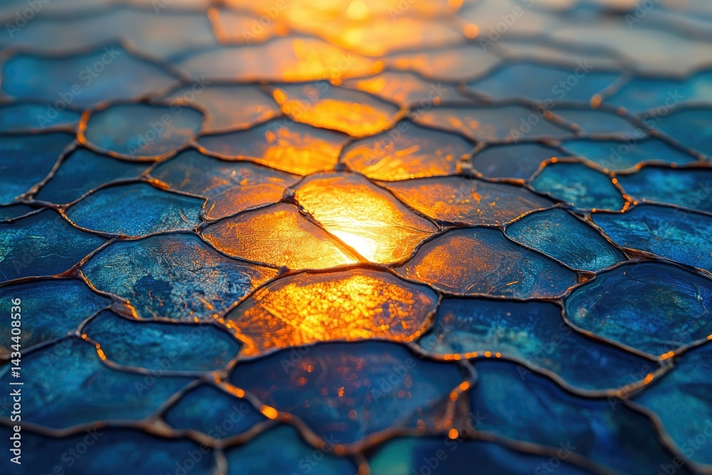 Aufkleber abstract image of vibrant teal and gold mosaic glass illuminated from below, creating a stunning tex