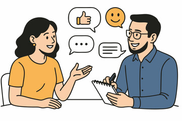 Simple line illustration of a man interviewing a female client, gathering feedback and taking notes during a consultation. Vector graphic showing positive customer experience discussion.