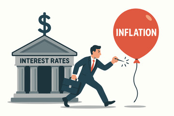 Central bank interest rate policy to control inflation concept. Businessman pops red inflation balloon with pin near bank building vector illustration. Financial crisis prevention.