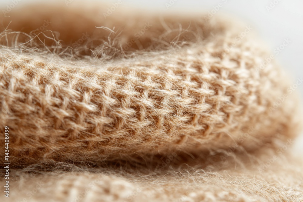 Aufkleber close-up of beige fluffy knitted fabric, showcasing soft texture and intricate stitch pattern.