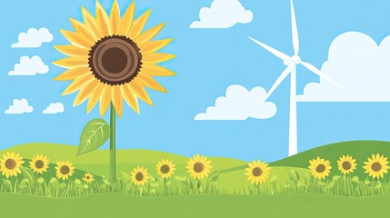 Fototapeta premium Vibrant illustration of a sunflower field with a wind turbine under a sunny sky.