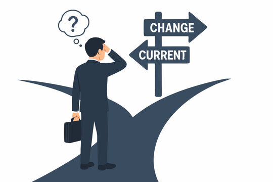 Vector illustration of a businessman facing a career crossroads dilemma, confused with a question mark, choosing between change and his current job path, making a difficult decision.