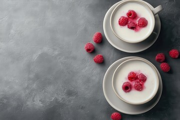 Overhead shot of two yogurt cups topped with fresh raspberries and jam