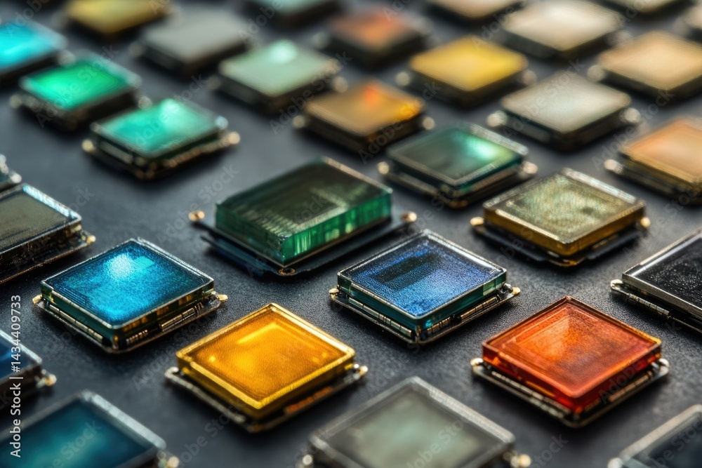 Poster A close-up shot of various colorful microchips arranged in a grid pattern, showcasing their intricate details and vibrant hues.