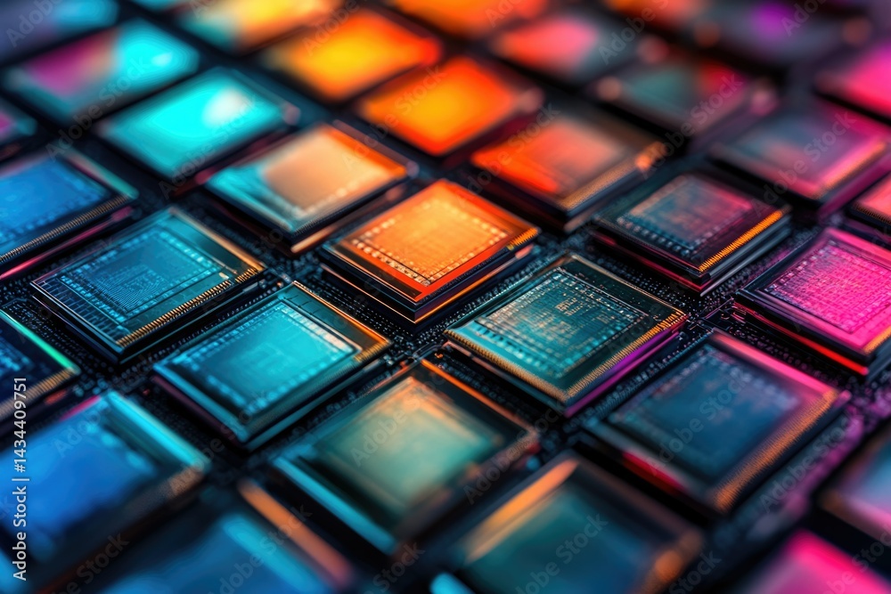 Poster Close-up of colorful microchips arranged in a grid pattern, showcasing intricate details and vibrant hues.