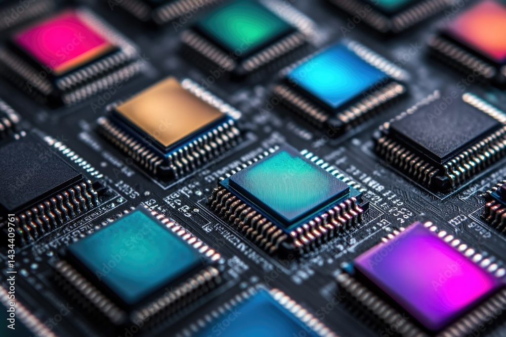 Poster Close-up of a circuit board densely populated with colorful microchips, showcasing intricate electronic components.