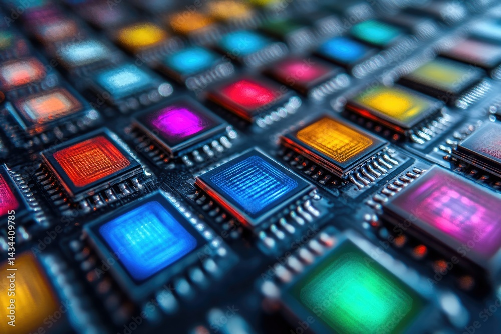 Fototapete Close-up of a circuit board with numerous colorful microchips, showcasing intricate technology.