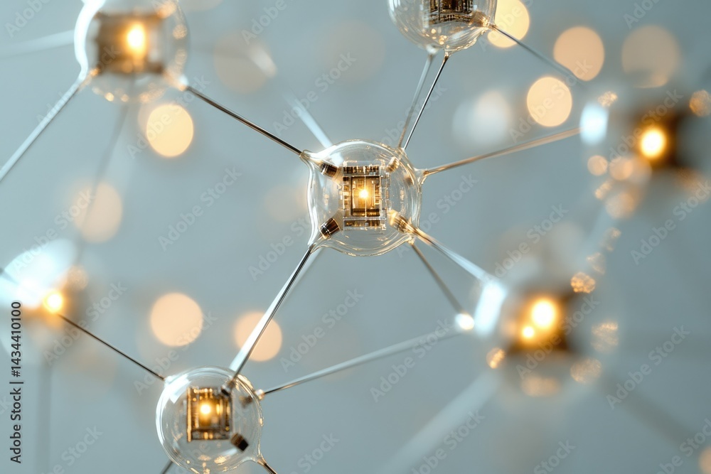 Poster Interconnected nodes with glowing cores, representing a network or neural connections.