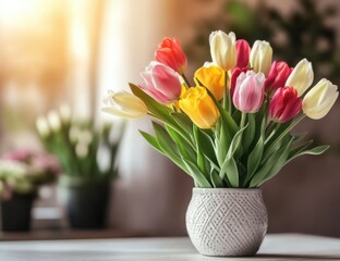 Fototapeta premium A vibrant bouquet of tulips in a white vase with a diamond pattern, arranged on a white table in front of a window