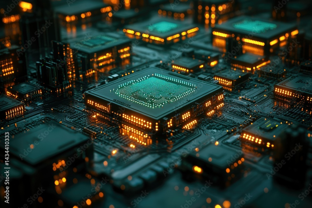 Poster Close-up of a complex circuit board with glowing processors, illustrating advanced technology.