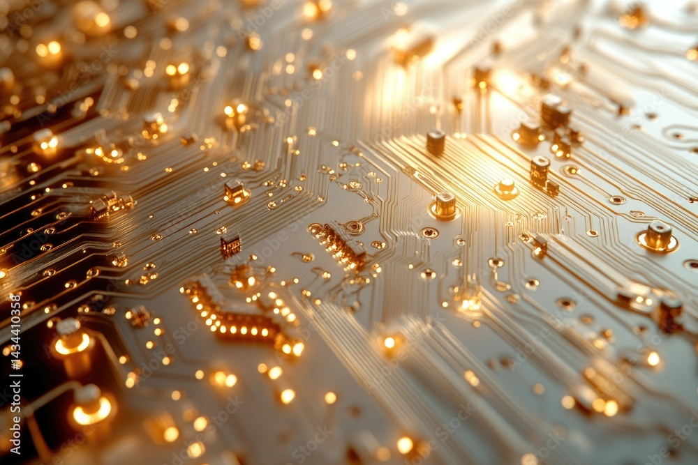 Aufkleber close-up of a golden circuit board, showcasing intricate pathways and glowing components, representi