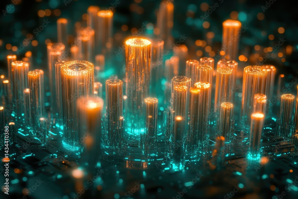 Poster abstract digital cityscape with glowing orange towers on a teal circuit board, representing data flo