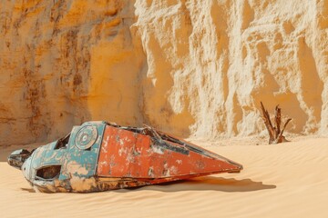 A wrecked spaceship lies in the desert sand, weathered and broken against a sandstone cliff.