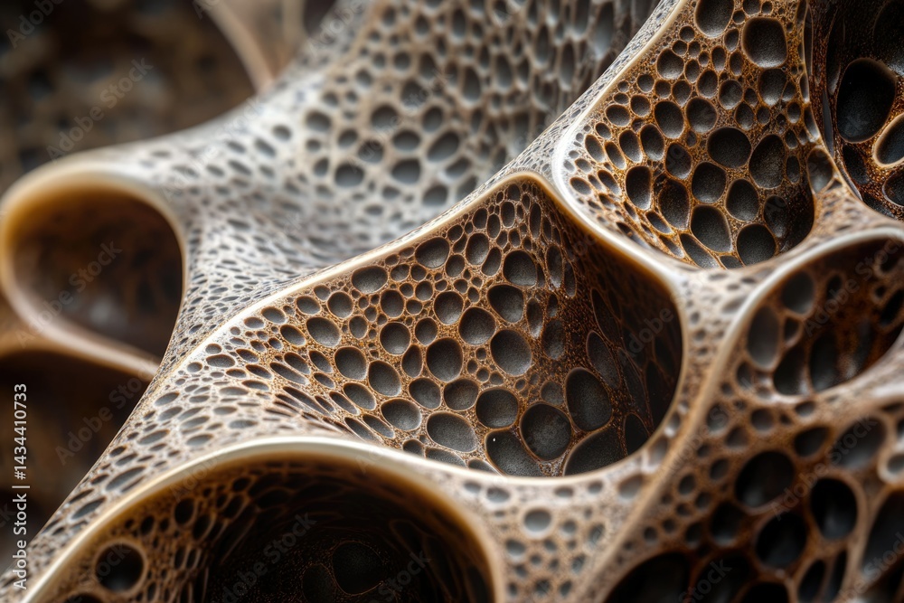 Poster close-up of a textured, porous, organic-looking surface with a three-dimensional, abstract pattern.