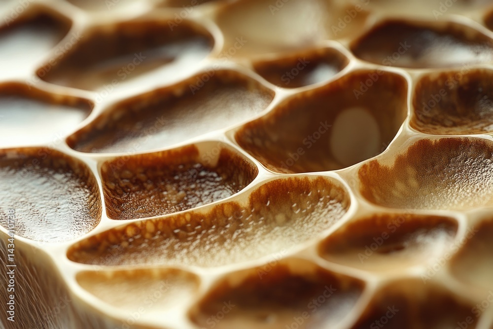 Poster close-up of a honeycomb-like structure with rich brown and beige hues, showcasing intricate details 