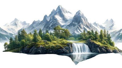 Mountain peak with green valley and waterfall below, natural landscape element, isolated on white background