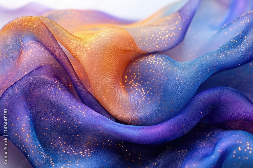Poster close-up of iridescent fabric with gold glitter, showcasing its texture and flowing movement.