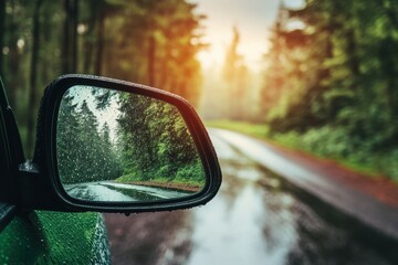Photo of a green sports car s side mirror
