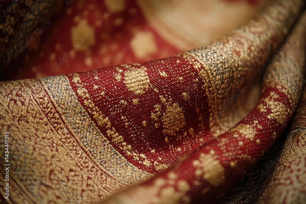 Poster close-up of luxurious red and gold fabric with intricate woven patterns, showcasing rich texture and