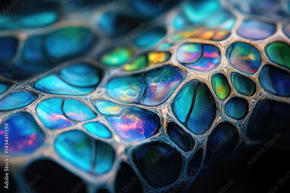 Poster abstract close-up of vibrant, iridescent paint creating a mesmerizing, organic cellular pattern.