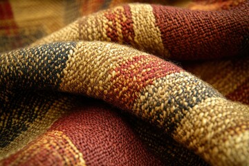 Close-up of a textured woven fabric with a rich palette of brown, red, and black hues creating a plaid pattern.