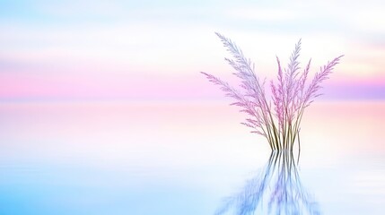 Delicate grasses reflected in a tranquil water surface at sunrise.  Soft pastel colors create a serene and peaceful ambiance